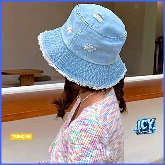 Distressed Denim Bucket Hat Frayed Edge Adjustable Sun Protection